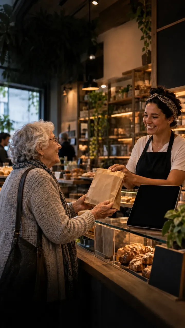 Uma senhora de cabelos grisalhos recebe um saco de pão das mãos de uma atendente sorridente, no balcão de uma padaria.