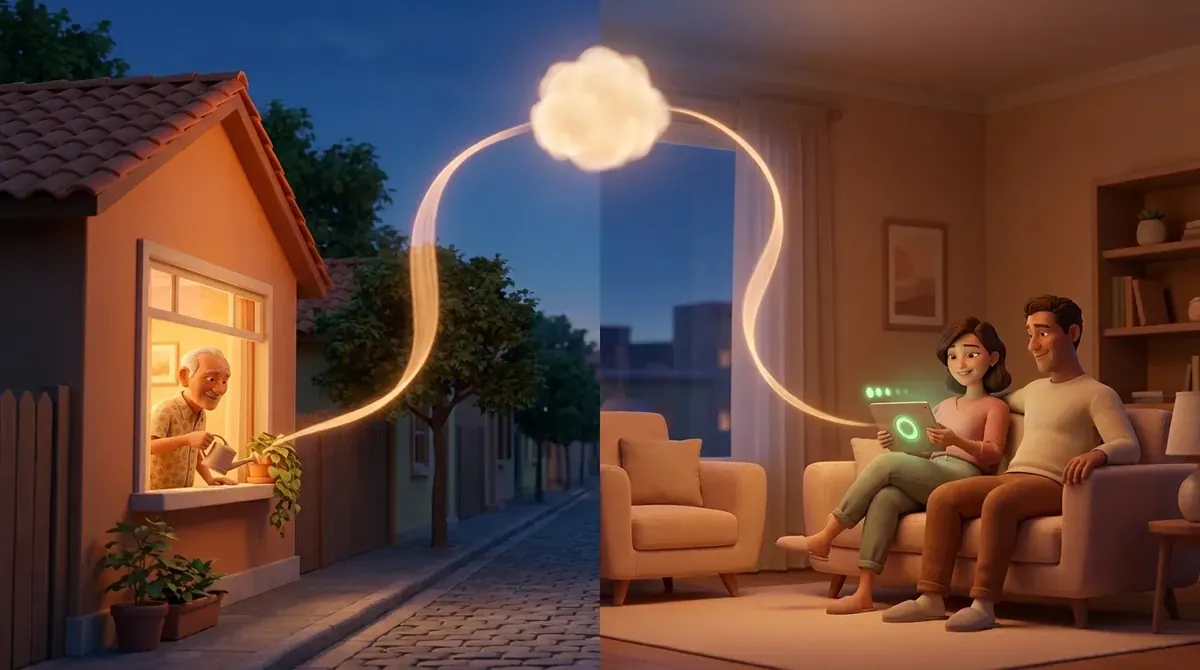 À esquerda, um senhor rega uma planta na janela de casa, à noite. À direita, um casal olha um tablet no sofá. Um fio de luz liga as duas cenas.