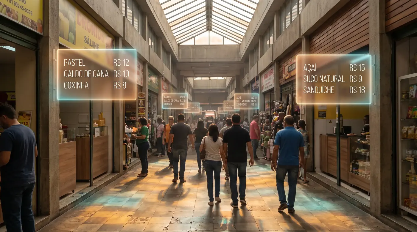 Corredor de um mercado popular com pessoas caminhando. Sobre cada banca flutua um painel de vidro com o menu e os preços.